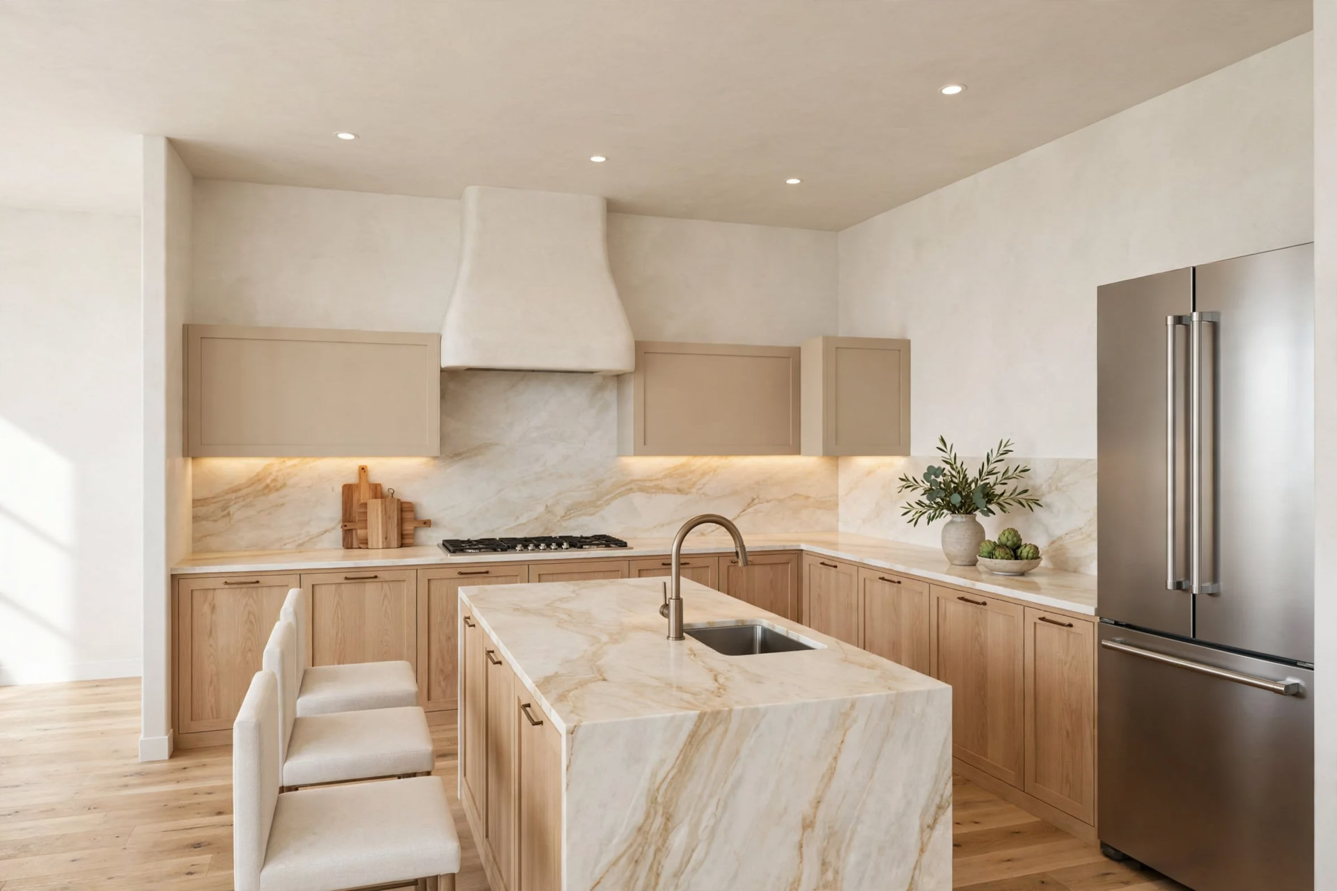 Rebuild5 kitchen render: from dining toward the cooktop, white-oak and putty cabinetry, quartzite waterfall island with three stools